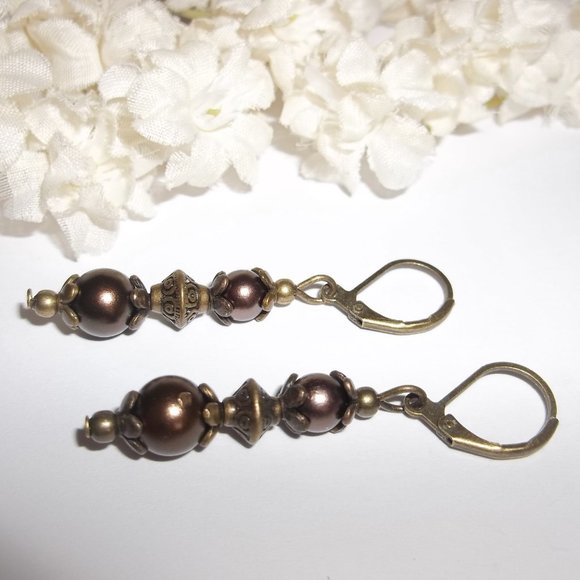 Brown Earrings, Brown Earring Set, Brown Pearl Earrings, Boho Earrings, NWT 7480 - Picture 4 of 8